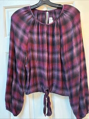 Bella Dahl Purple Plaid Tie-Hem Long Sleeve Top